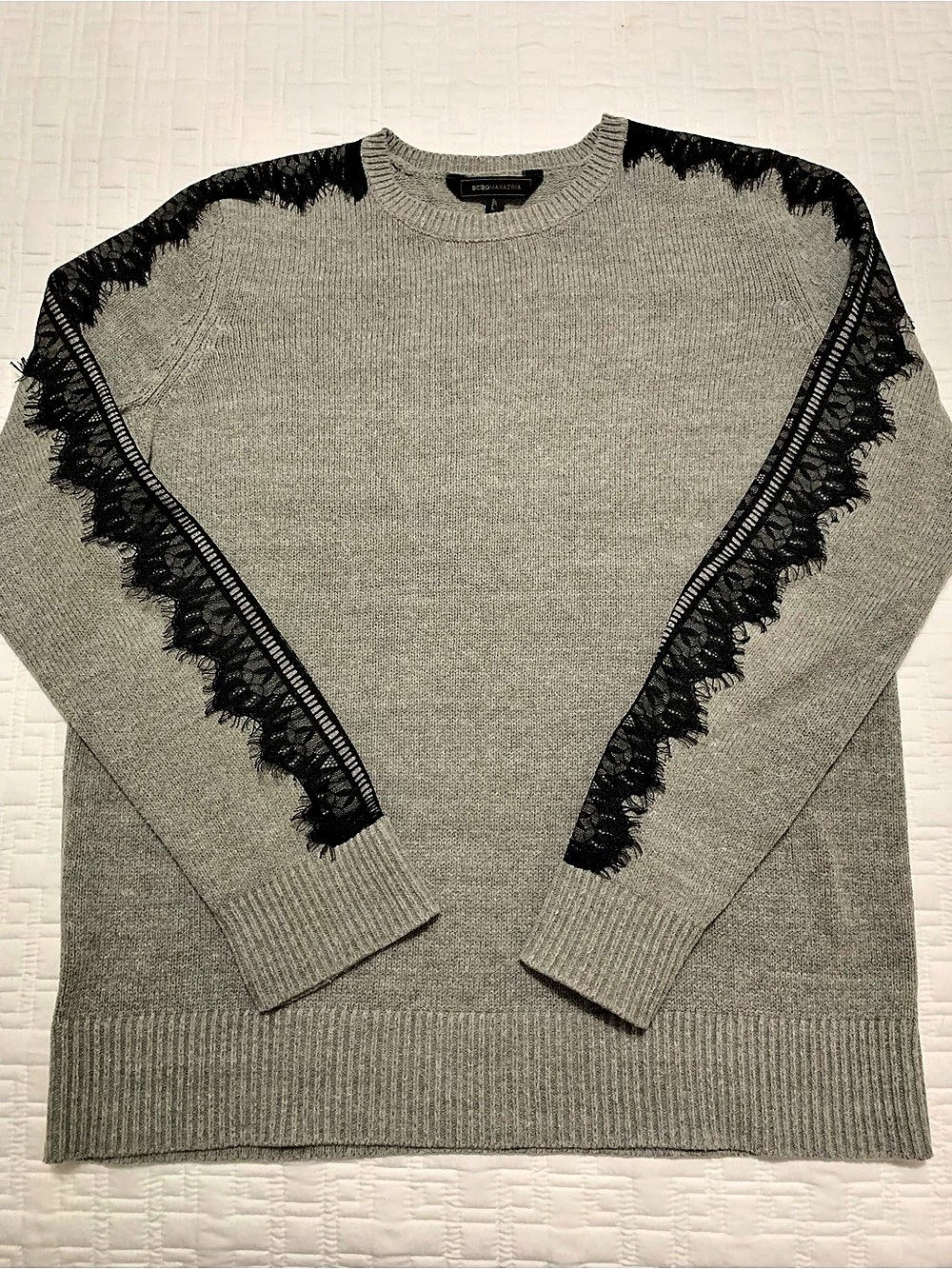 Rare BCBGMAXAZRIA Lace Trim Sweater in Gray & Black Size Small Like New